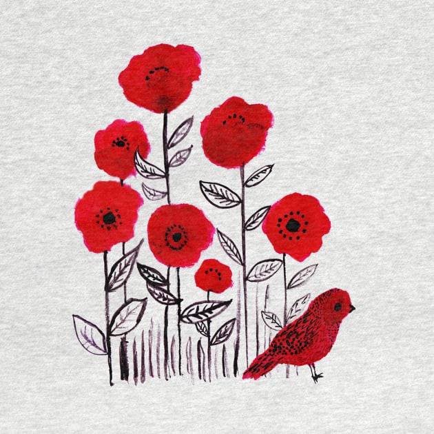 Poppies and little red bird watercolor painting by oknoki